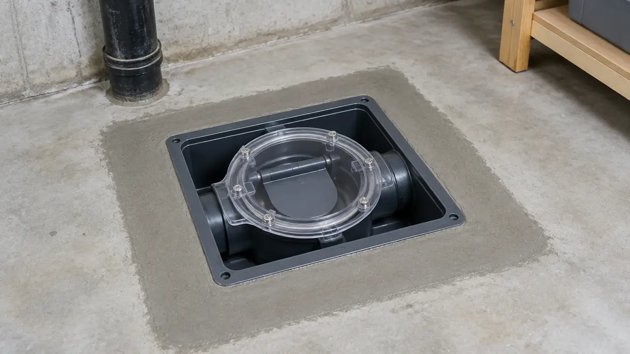 A backwater valve with a clear lid set into a basement floor