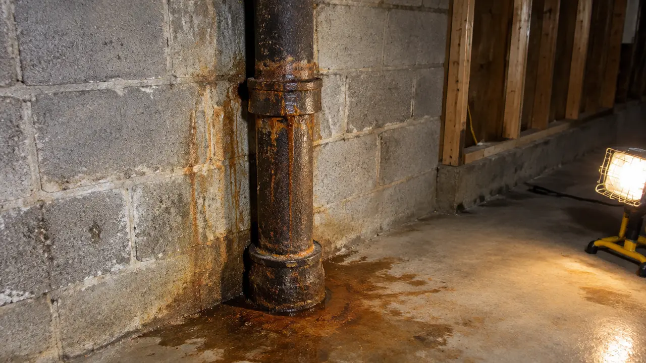 A rusting cast iron soil stack in a basement
