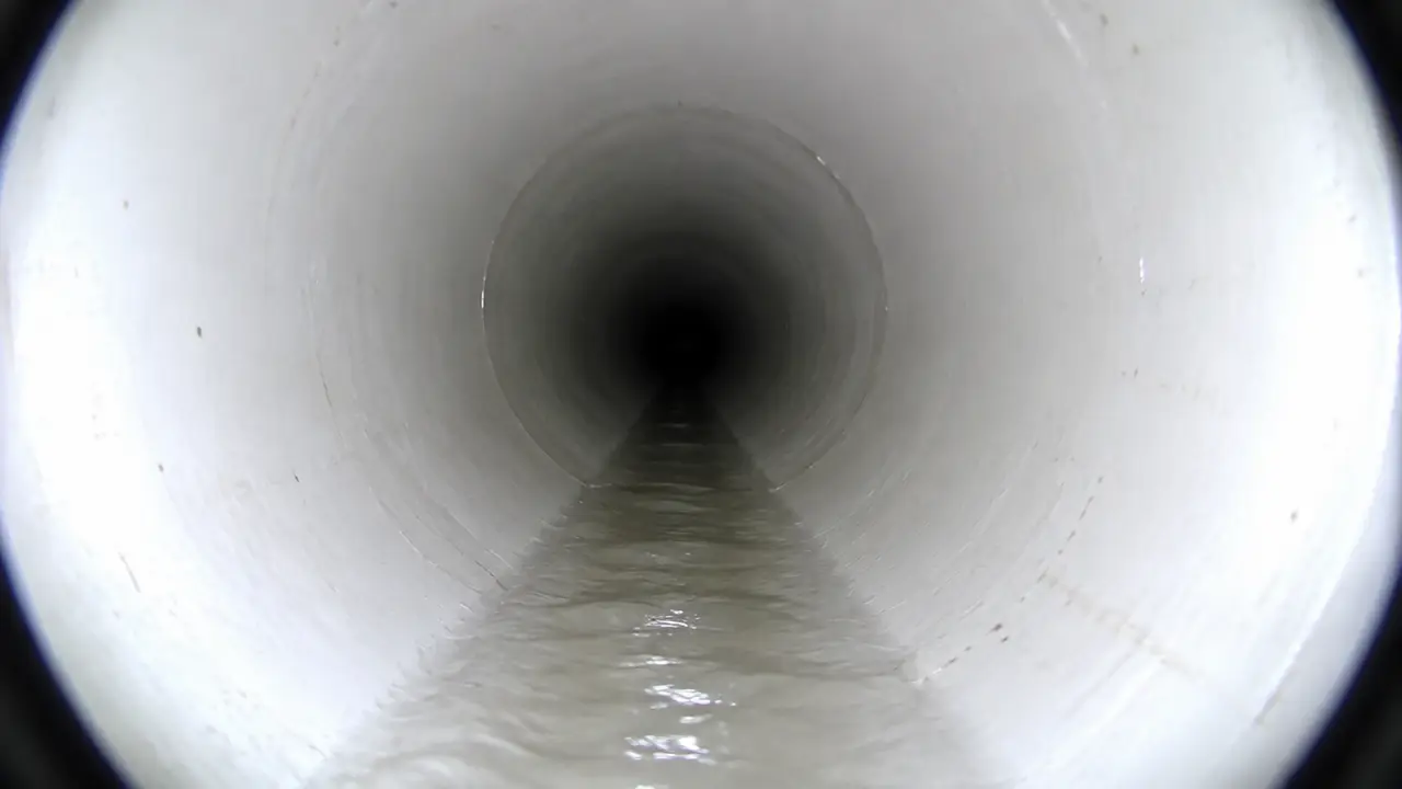 Sewer camera view down a clean white ABS plastic pipe
