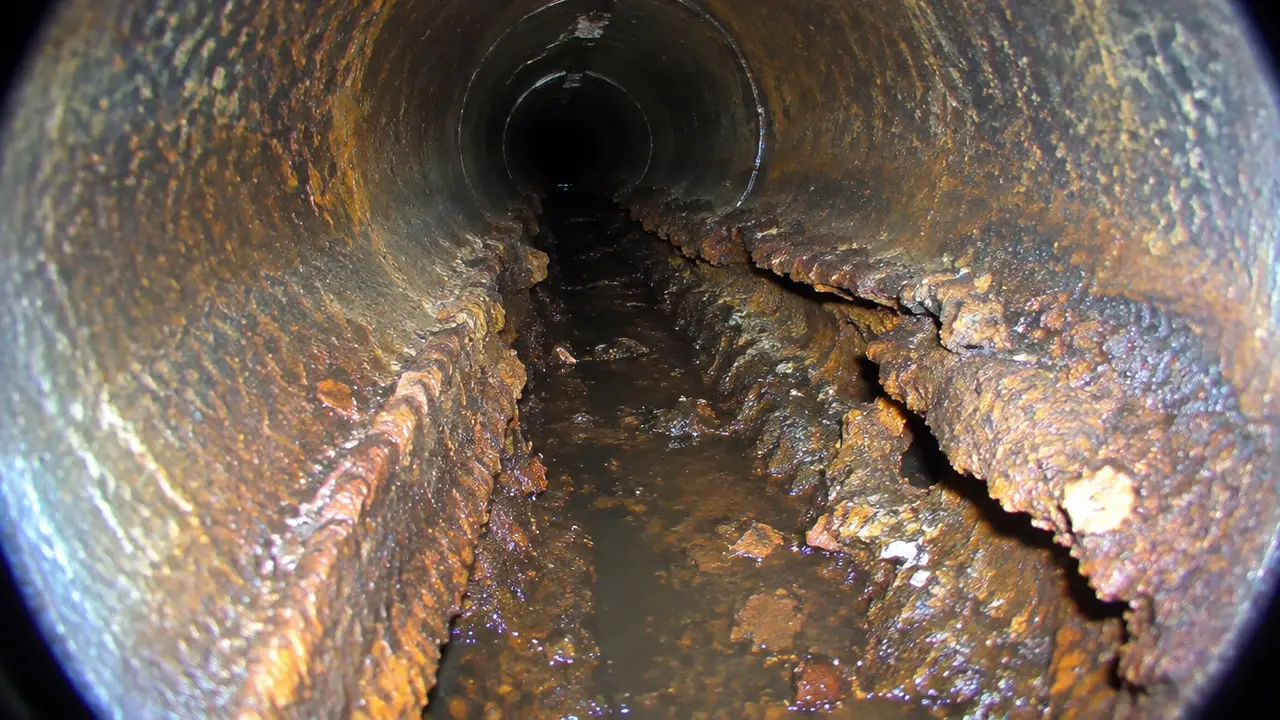 Sewer camera view of a cast iron pipe whose bottom has corroded into a channel
