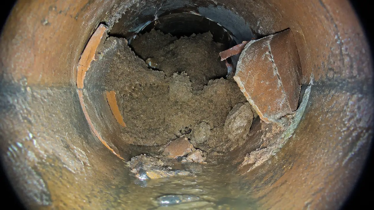 Sewer camera view of a collapsed clay pipe blocked by soil and shards