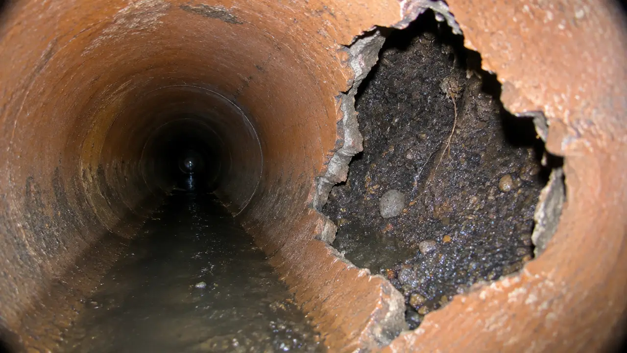 Sewer camera view of a hole in a clay pipe wall exposing soil