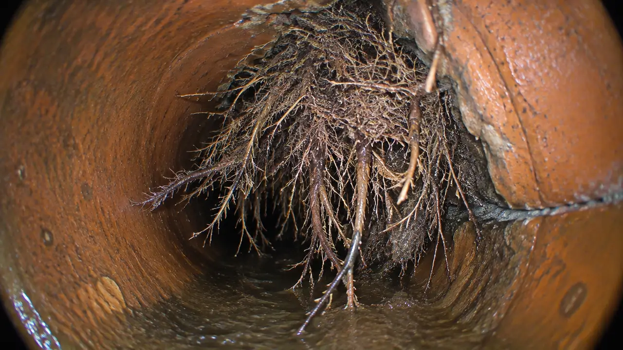Sewer camera view of tree roots growing through a clay pipe joint