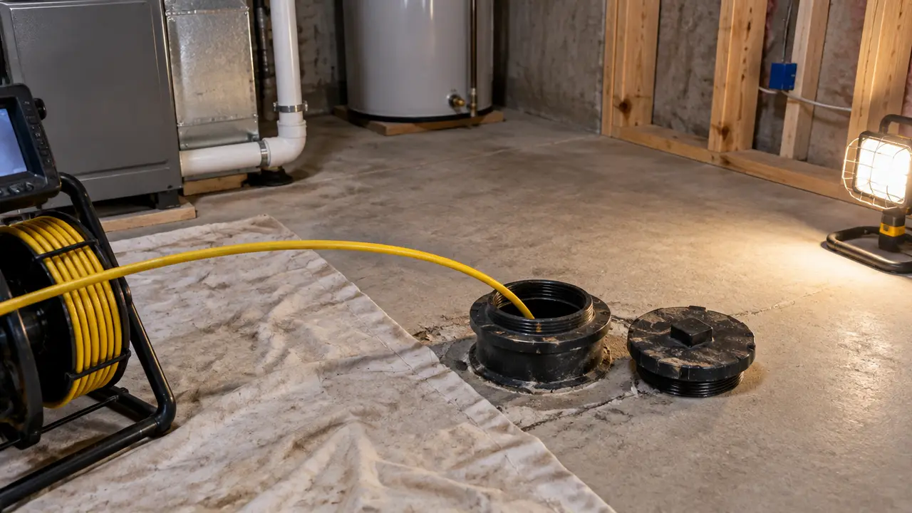 A sewer camera cable fed into an open basement cleanout