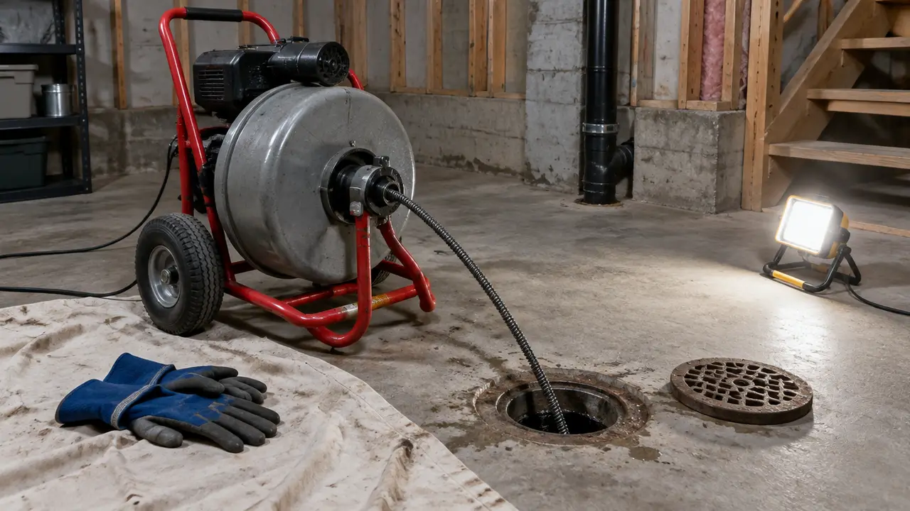 A drum drain auger machine next to an open basement floor drain