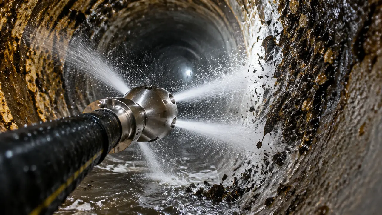 A hydro-jetting nozzle spraying water jets inside a pipe