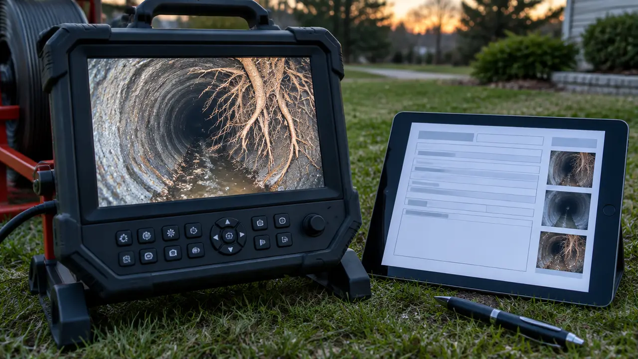A sewer camera monitor showing roots beside a tablet with a report layout