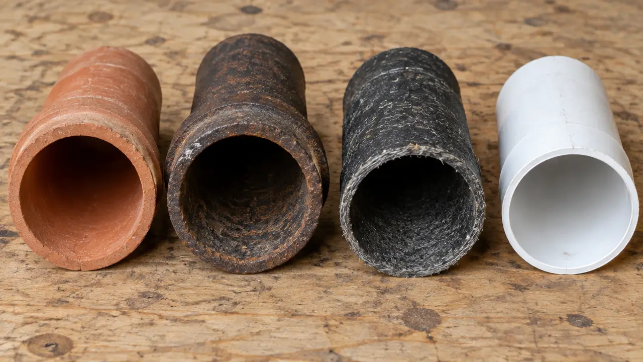 Sections of clay, cast iron, fibre and PVC pipe side by side