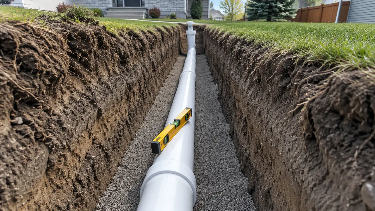 A new white PVC sewer pipe laid on granular bedding in a trench