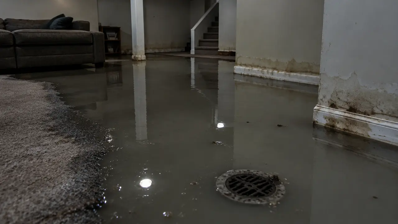 A finished basement with grey water pooled around a floor drain